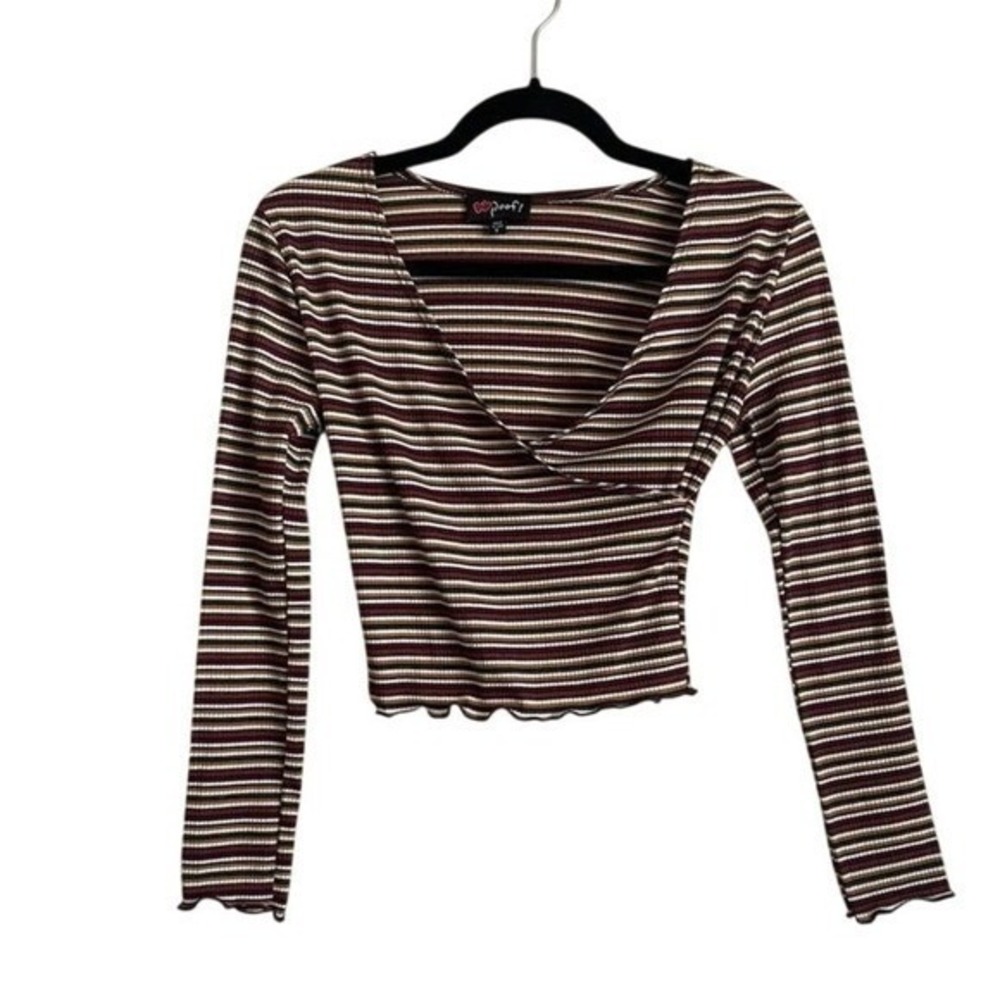 VTG Y2K 90s Poof! Striped Ribbed Lettuce Hem Crop Top Faux Wrap Small 90s Y2K